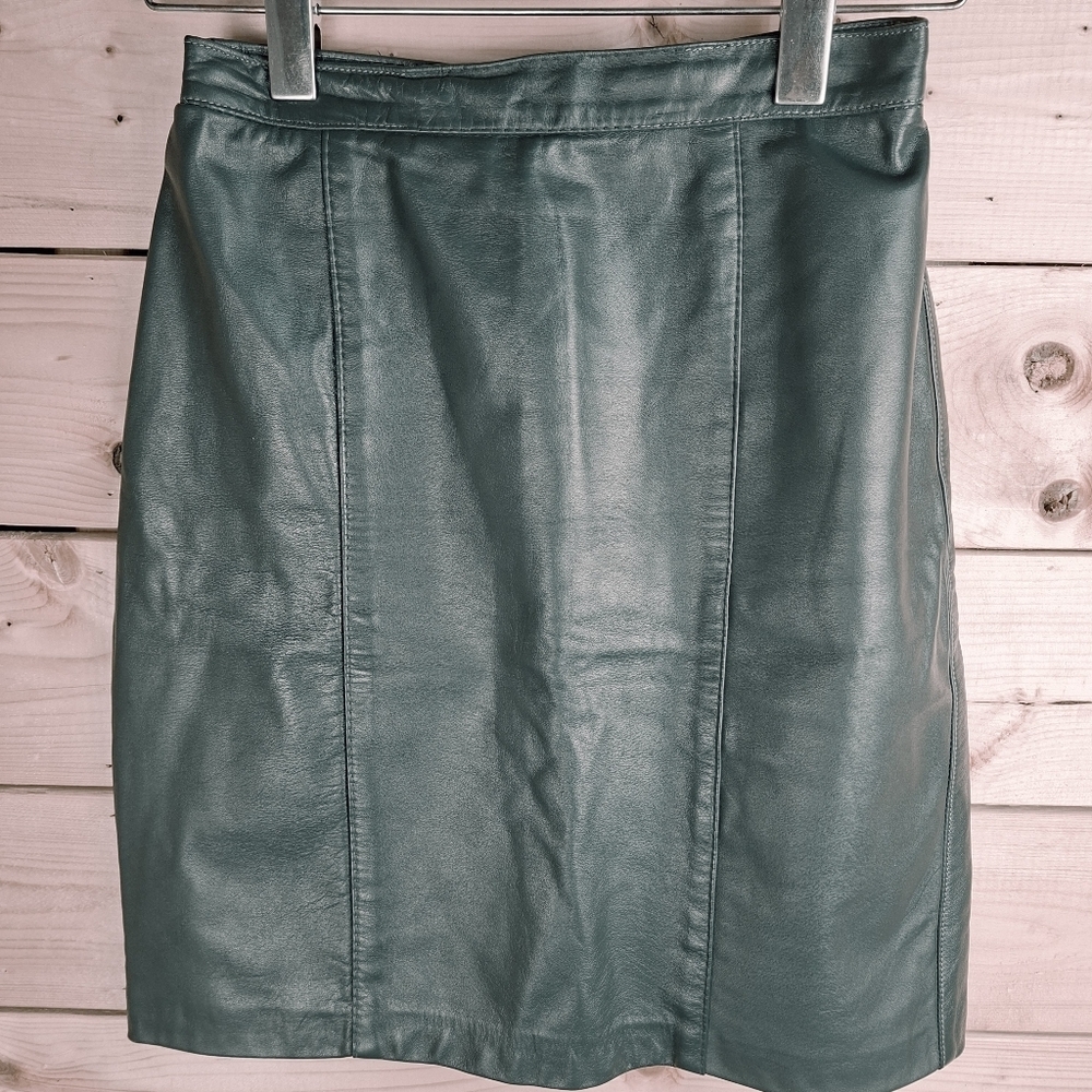 Vintage Leather High Waist Pencil Skirt Forest Green 1980-90's